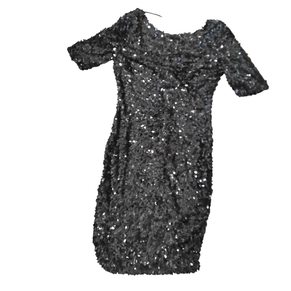 Ark &‎ Co Black Sequin Dress Short Sleeve V-Back Cocktail Mini Size S BD-7948-B